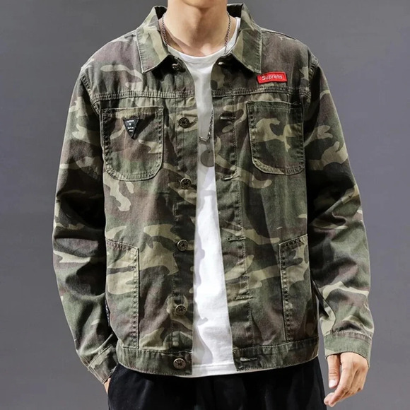 SUPREMS NWOT MENS JEAN CAMO BUTTON DOWN SHIRT SIZE MEDIUM - Picture 1 of 6